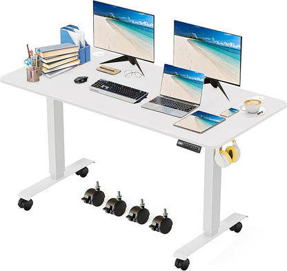 Electric Standing Desk 55 x 24 Inches Adjustable Height Sit Stand Up Desk for Home Office Computer Workstation Memory Preset with Wheels, White