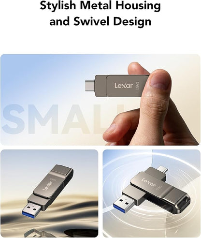 Lexar D40E 128GB Dual USB 3.2 Gen 1 Type-C Jump Drive, USB-C Flash Metal Housing Swivel Design Thumb Drive (Titanium Grey)