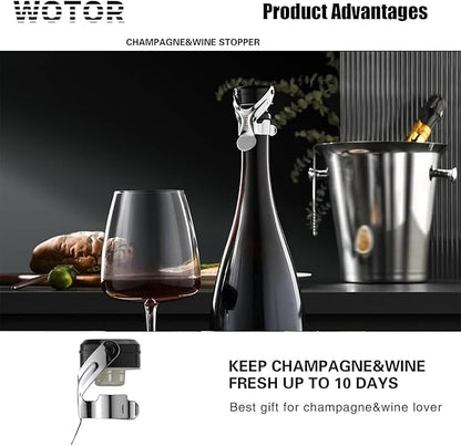 WOTOR Champagne&Wine Bottle Stoppers Stainless Steel with Food Grade Silicone, Leak Proof Keep Fresh Reusable Saver, Cork Suitable for Wine, Champagne, Cava, Prosecco and Sparkling (4 Pack Silver）