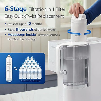 Philips Reverse Osmosis Water Filter Countertop, 6 Stage RO System Water Filtration Purifier with Aquaporin Inside Remineralization and 2 Portable Pitchers, NSF/ANSI 372 Certified, Reduce TDS Lead