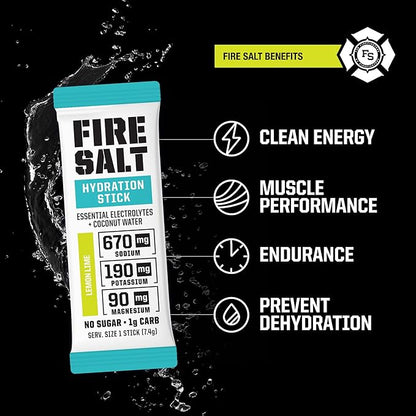 Fire Science Fire Salt Hydration Sticks, Electrolytes & Coconut Water, Hydration Drink Mix with Magnesium, Potassium & Sodium, Zero Sugar, Single Serve On The Go Packs, Lemon Lime Flavor, 32 Count