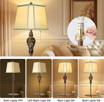 65" High Vintage Floor Lamp with Night Light and Glass Tray, Farmhouse Standing Lamp with Beige Faux Silk Shade, Retro Rustic Tall Lamp Decor for Living Room, Bedroom, Bedside, Corner (Bulb Included)
