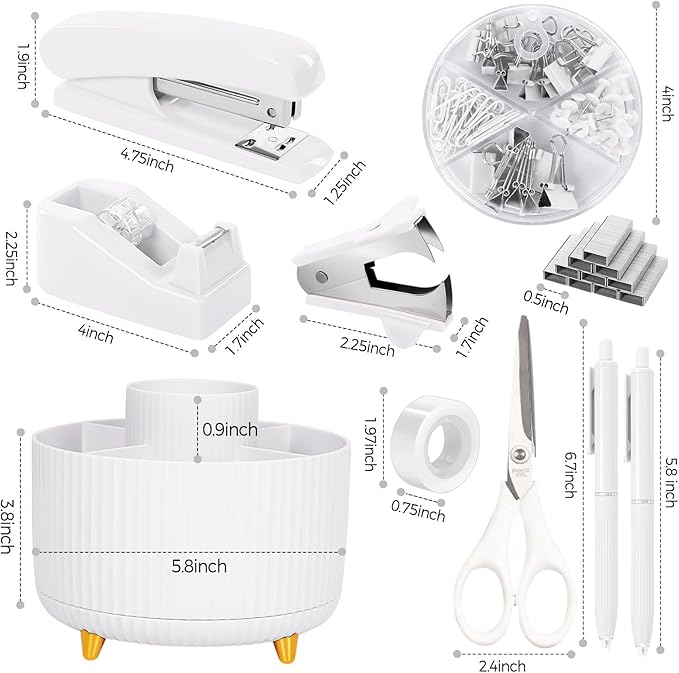 SKYDUE White Office Supplies Set, Office Desk Accessories 10PCS, Pencil Holder for Desk, Stapler, Tape Dispenser, Scissors, Ruler, Binder/Paper Clips and 1000pcs Staples,Desk Supplies Set