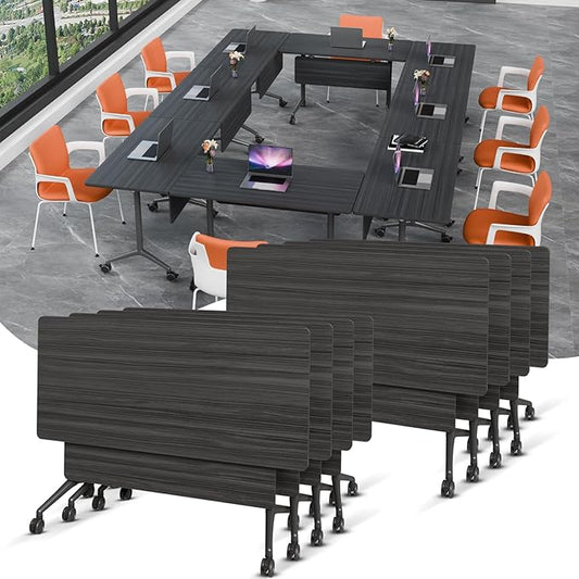 Folding Conference Table, Rectangular Conference Room Tables, Mobile Modular Training Table, Solid Steel Frame,Thickened Panel,for Offices,Meeting Room,Offices andSchools (8, Ebony, 63in)