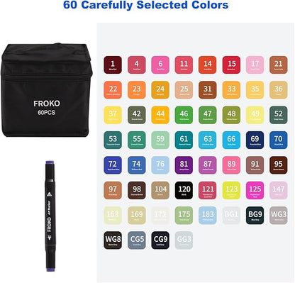 FROKO Alcohol Markers, 60 Colors Dual Tip Art Marker,Coloring Marker, markers for adult coloring books no bleeding