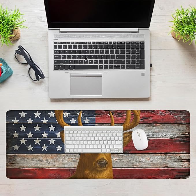 American Deer Desk Pad Mouse Pad Buck Rustic Patriotic Flag Wood Mousepad XL Large Gaming Mouse Pad Laptop Keyboard Mat Desk Pad 31.5"x11.8"