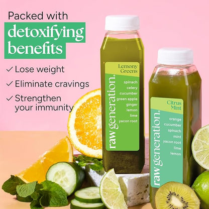 Raw Generation Deep Detox Cleanse – 7-Day Juice Cleanse with 60% Less Sugar for Weight Loss, Energy, Clearer Skin & Gut Health – 42 Chlorophyll-Packed Juices to Detox Your Body and Reset Your Diet (Assortment May Vary)