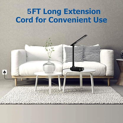 LED Desk Lamp with 4 USB Charging Ports and 2 AC Outlets,5ft Extension Cord Power Strip Station, 3 Level Brightness, Touch Dimmer Control, Office Table Eye Care Lamp Bedroom Hotel