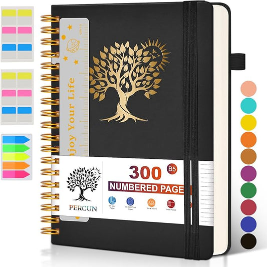 Large Spiral Notebook Journal for Women Men - 300 Numbered Lined Pages, College Ruled,B5 Hardcover Spiral Bound Notebook for School, Work, Note Taking, Writing, Leather Spiral Journal 7"x10"