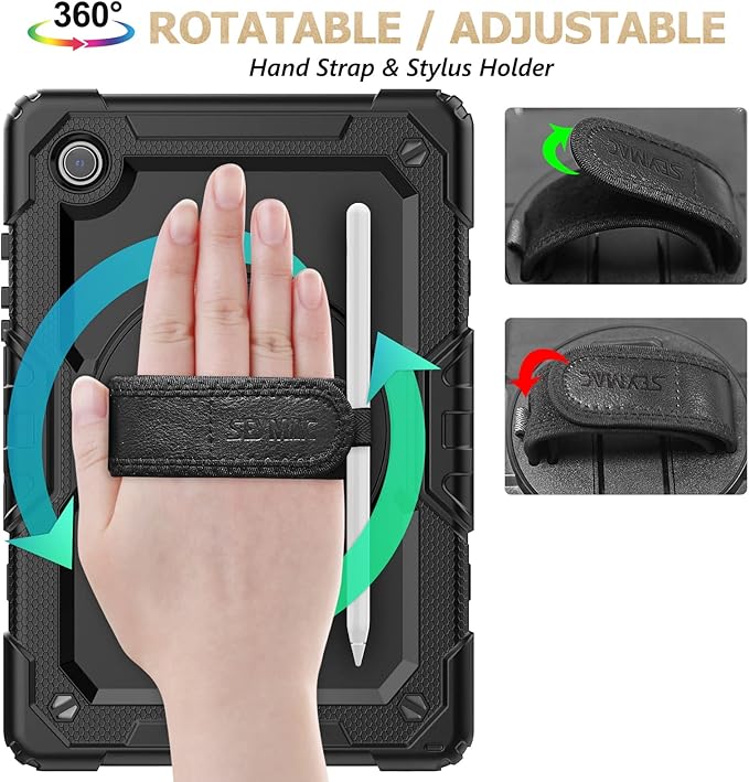 SEYMAC stock Case for Samsung Galaxy Tab A9 8.7'', Full-Body Drop Protection Case with Screen Protector Pencil Holder [360° Rotating Hand Strap] &Stand, Black
