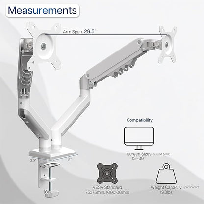 VIVO Aluminum Articulating Dual Monitor Arm for 13 to 30 inch Screens, Desk Mount Tension Spring Monitor Stand for 2 Screens, White, STAND-V102OW