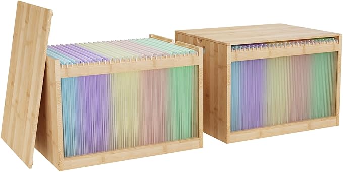 Bamboo Hanging File Boxes with Lids 2 Pack, File Organizer Box for Letter/Legal File, File Box with Hanging Folders Acrylic Light Easy Assembly File Storage Boxes for Home Office, Natural