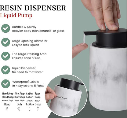 Resin Hand Soap Dispenser Easy-to-Press Liquid Pump, Refillable Soap Dispenser with White Marble Look, Waterproof Bottle Labels for Bathroom Kitchen Dish Lotion (White, 10 oz)