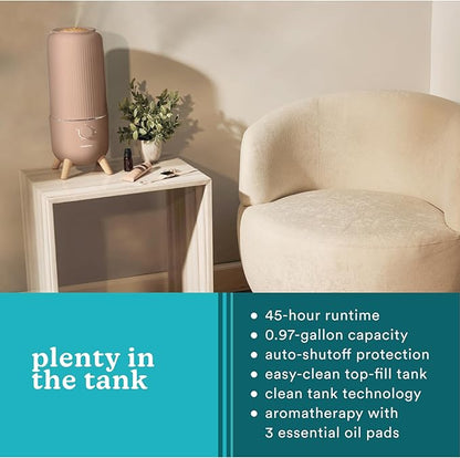 Homedics Ultrasonic Humidifier, Bedrooms and Home Offices, 0.97-Gallon Tank, 45-Hour Runtime, Visible Ultra-Quiet Cool Mist, Aromatherapy, Demineralization Cartridge, Night-Light, Auto-Off, Taupe