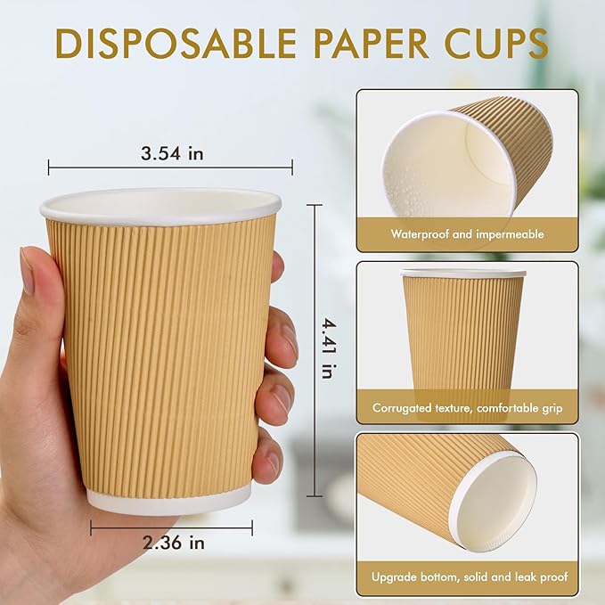 500 Pack 12 oz Coffee Cups, Insulated Ripple Wall Hot Coffee Cups for Home, Office, Hotel, Meetings, Parties