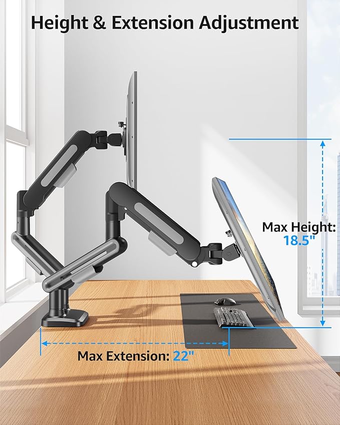 MOUNTUP Dual Monitor Mount Holds 4.4-26.5lbs, Heavy Duty Monitors Arm for 39 37 34 32 27inch, Gas Spring Monitor Stand for 2 Monitor, Height Adjustable Monitors Desk Mount with C-Clamp＆Grommet Base