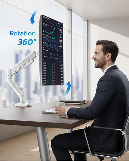 ARES WING Heavy Duty Single Monitor Arm - Fully Adjustable Monitor Mount for 17"-40" Ultrawide Screens up to 26.4 lbs with Clamp/Grommet Desk Mount and USB A/C, 75/100 Vesa Mount, White
