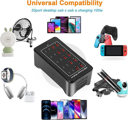 USB Charging Station, USB C Charger Block, 20Port (20A) Multiple Charging Hub Desktop 10 Port USB Charger Compatible for Apple iPhone, iPad, Samsung, Pixel, Cell Phone, Tablets, Office Home Use