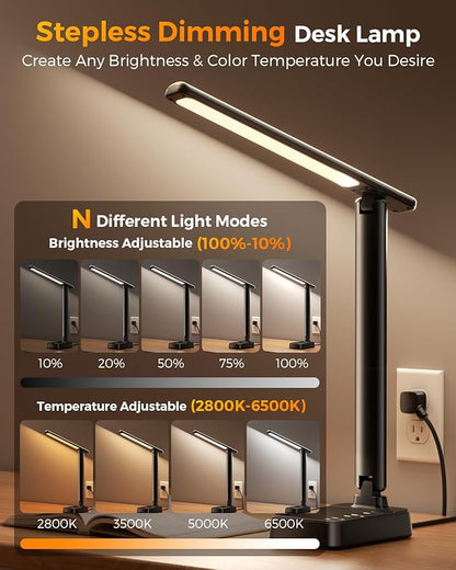 LED Desk Lamp for Office Home, Power Strip with 3 Outlets 4 USB Charging Ports(2 USBC), 4 Modes 5 Level Brightness Desk Light, Small Desk Lamp for College Dorm Room Essentials