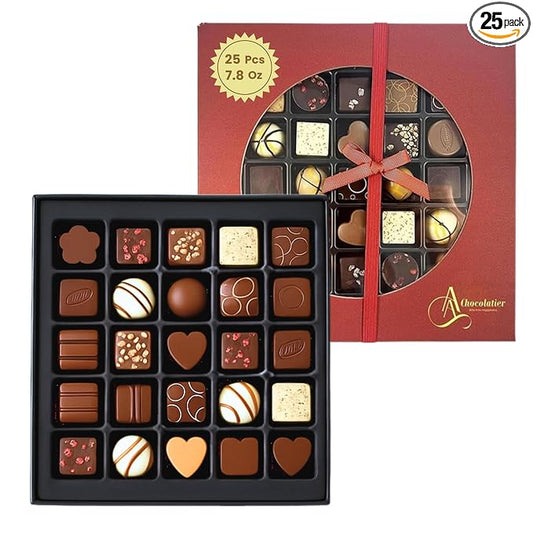 Andy Anand Chocolatier Belgian Chocolate Truffles Gift Box Handcrafted Gluten Free Gourmet Chocolate European Imported Chocolate Truffles Perfect as Chocolate Gifts For Women (25 Pcs,7.8 Oz)