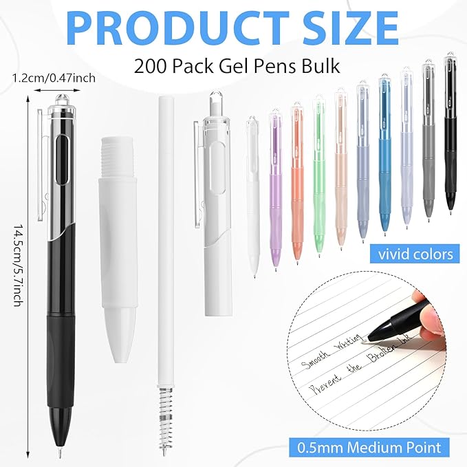 200 Pcs Gel Pens Bulk 0.5mm Black Gel Pen Retractable Fine Point Pens Quick Drying Smooth Writing with Comfortable Grip for School Office Journaling Note Taking and Homework(Colorful)