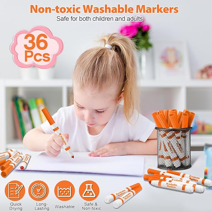 Janlaugh 36 Pcs Orange Washable Markers Bulk Coloring Broad Line Markers for Kids Orange Conical Tip drawing pen for School Supplies, travel Art baby shower gender reveal party Supplies, Ages 6+