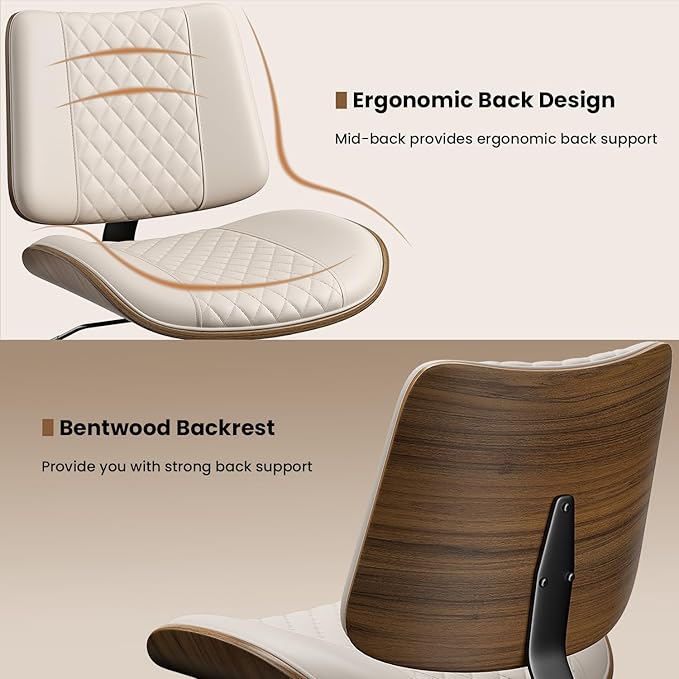 Armless Office Chair, Mid Century Modern Desk Chair with Walnut Wood Back & SGS Level 3 Gas Lift, Swivel PU Leather Computer Chair for Small Space, Home Office, Bedroom, 300lbs Cap, Beige