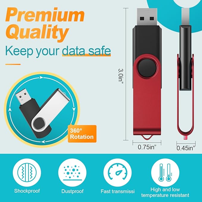 Kepmem 1GB Flash Drive Pack of 10 - Metal USB 2.0 Memory Sticks - Swivel Pendrive - Portable Keychain - Red