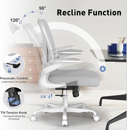 ZZH Ergonomic Office Chair with Adjustable Lumbar Support, Mesh Home Office Desk Chair with Wheels and Flip-up Arms, Grey