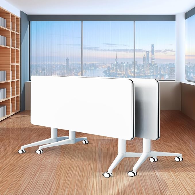 Folding Conference Table,Movable Conference Room Table with Wheels,White Wood Rectangular Conference Table with Modern Business Style,Modular Meeting Training Tables for Office Classroom(2,70.8'')