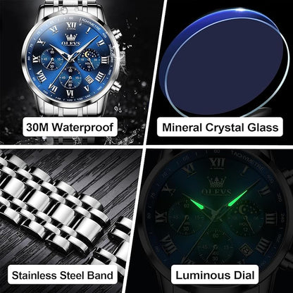 OLEVS Mens Stainless Steel Chronograph Watch, Big Face Roman Numerals Date Analog Quartz Dress Watches for Men, Fashion Multifunctional Waterproof Luminous Hands Men's Wristwatch