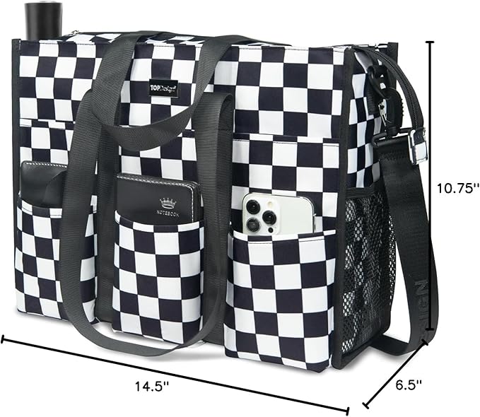 TOPDesign Utility Water Resistant Tote Bag with 22 Pockets, Top Zipper Closure & Thick Bottom Support, for Working Women
