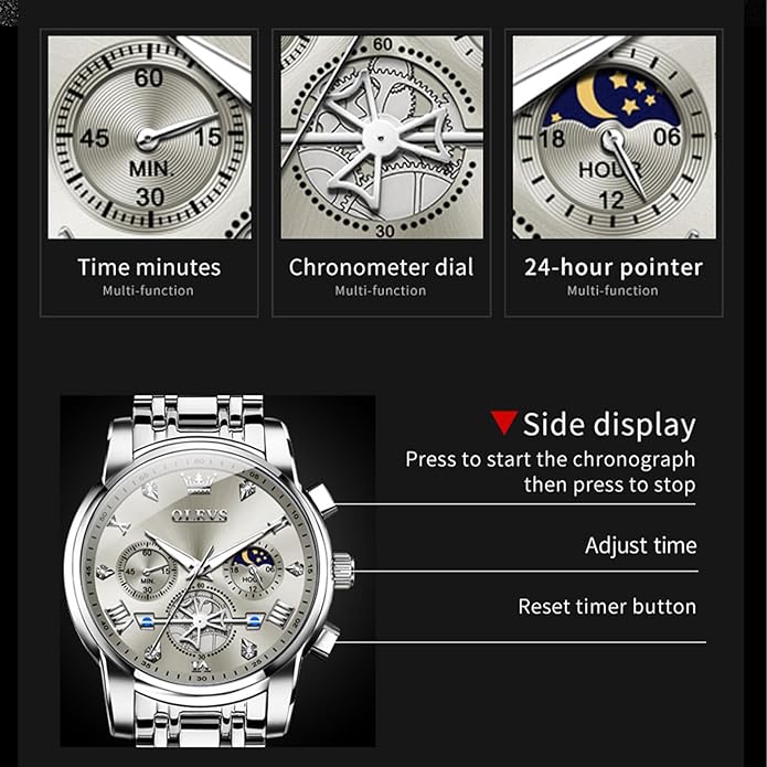 OLEVS Watches Men Waterproof Luxury Big Face Mens Watch Stainless Steel Quartz Analog Dress Watches for Men Luminous Multifunction Man Watch Relojes De Hombre