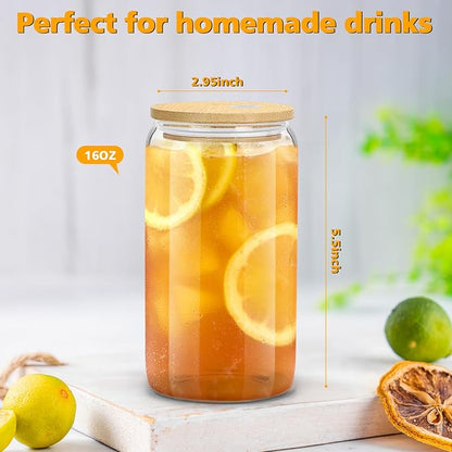 sungwoo 6PCS Glass Cups with Bamboo Lids and Straws, 16OZ Ice Coffee Cup, Drinking Cup set with Wooden Lids, Home Essential Glass Tumblers for Beer, Cocktail, Tea and Latte Clear