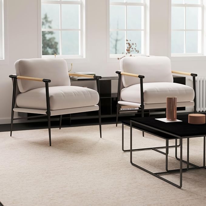 LukeAlon Mid Century Chenille Accent Chairs Set of 2, Ultra Soft Living Room Chairs with Metal Legs Modern Armchair Lounge Chairs Upholstered Comfy Leisure Chair for Bedroom Reception Area, Beige