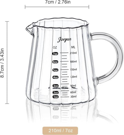 Joeyan 7 oz Glass Measuring Cups with Spout,Borosilicate Large Glass Triple Pitcher with Scale,Origami Style Espresso Shot Glasses with Wood Handle for Coffee Milk