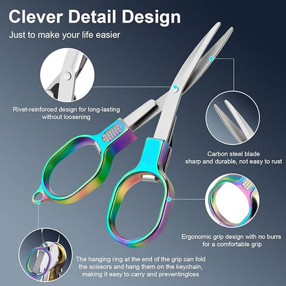 2 Pcs Folding Stainless Steel Portable Mini Travel Scissors, Safety Foldable Pocket Badge Small Scissors All Purpose with 2 Keychain for Travel, Home, Office, Craft, Sewing, Nurse Accessories (Color)