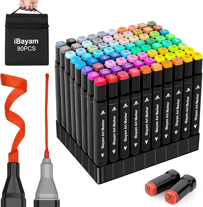 iBayam Alcohol Markers 80 Colors with Case & Holder, Dual Tips Chisel & Fine Art Markers for Adult Coloring Kids Drawing