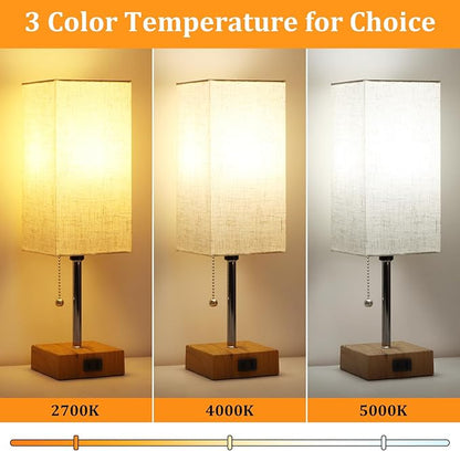 Table Lamp for Bedroom set of 2,3-Color Bedside Lamps with Pull Chain Table Lamps for Nightstand with AC Outlets,Small Night Light Lamps with 2 Bulbs Lamps for Living Room Kids Room Office Decor（Wood）