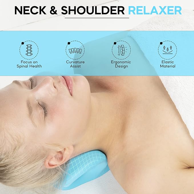 iBWYM Neck Stretcher Cervical Traction Device for Neck and Shoulder Pain Relief, Ergonomic Pillow, Dowager's Hump Corrector, Cervical Spine Alignment, Neck Curve and Posture Corrector (Light Blue)