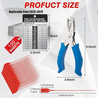 100 Sets 2026–2029 Fire Extinguisher Tags Aluminum Metal Inspection Record Tags 2.2 x 3 Inch with Hole Puncher & Numbered Security Zip Ties for Monthly Fire Extinguisher Inspection Indoor Outdoor