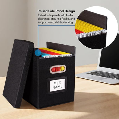 4 Pack Hanging File Folders Organizer with Lid, Letter Size Fabric File Storage Box Collapsible, Portable Office Document Holder with Metal Handle, Smooth PVC Rails, Black