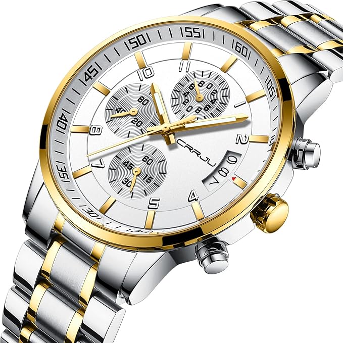 CRRJU Men's Fashion Stainless Steel Watches Date Waterproof Chronograph Wristwatches,Black Steel Band Waterproof Quartz Watch for Men