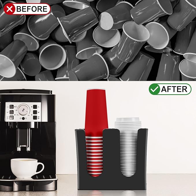 Cup Dispenser, Coffee Cup and Lid Holder for 5oz-16oz Paper Plastic Cups, Cup Organizer for Bathroom Countertop Coffee Bar Office Breakroom