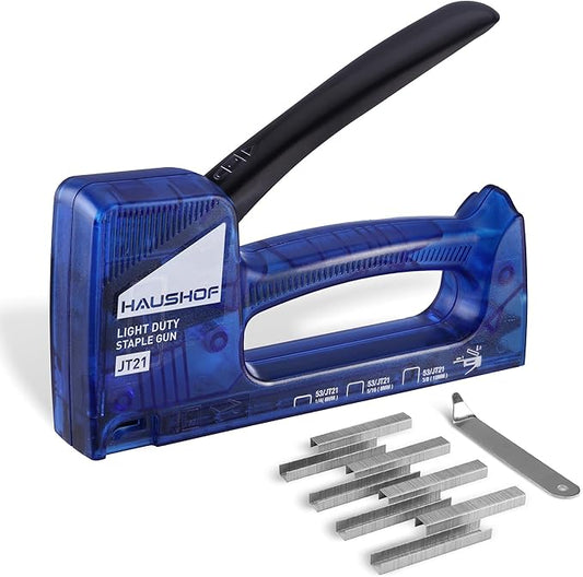 HAUSHOF Light Duty Staple Gun, Upholstery Staple Gun with 800PCS JT21 Staples and Stapler Remover, Fits JT21 Staple of 1/4'', 5/16'' & 3/8'', Used for Wood, Classroom, Crafts, DIY (Blue Transparent)