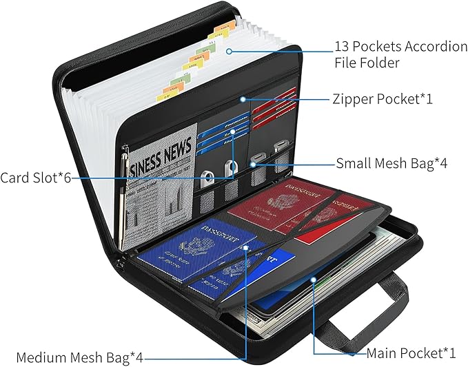 Fireproof Accordion File Organizer,Portable File Folders with Zipper & Handle,Document Organizer with Multi-Pockets for Letter A4 Files,13 Pockets Black