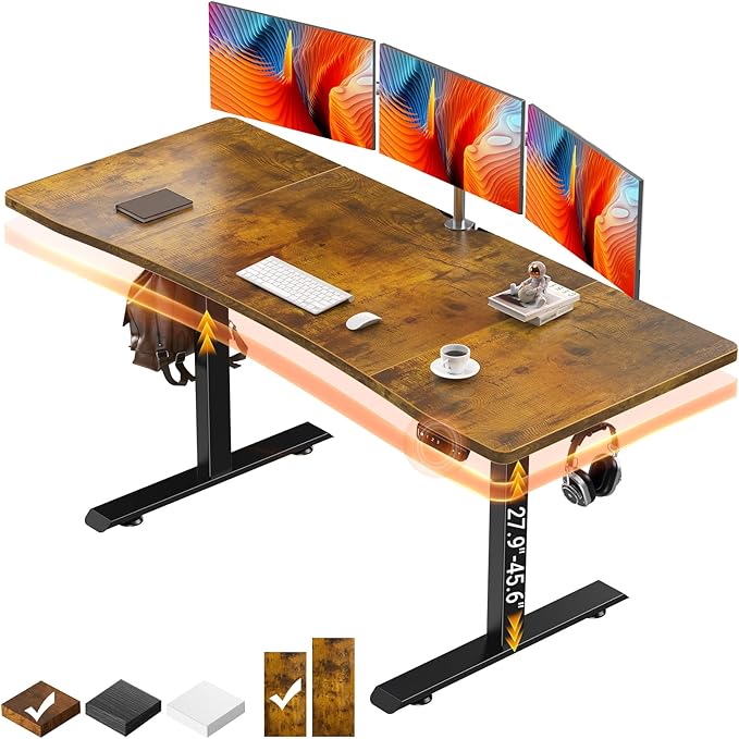 Veken 63 x 28 Inch Electric Standing Desk, Sit to Stand Up, Work Home Office Computer Table for Study, Walking Pad, Writing, and Games, Wooden Desktop Desks, Brown