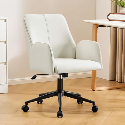 Furniliving Home Office Desk Chair, Ergonomic Leather Office Chair with Wheels, Comfortable Rolling Task Chair Adjustable Height, White