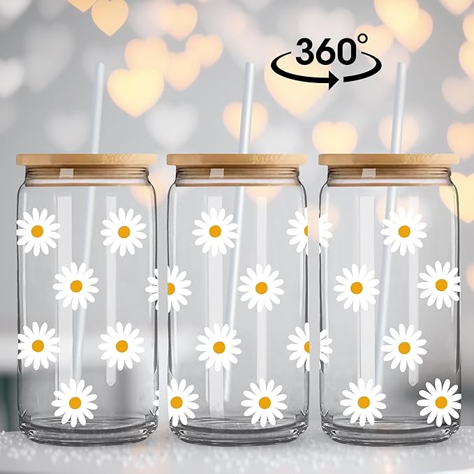 Cute Glass Cups with Lids and Straws, Daisy Flower Iced Coffee Smoothie Matcha Cup Tumbler Christmas Birthday Gifts for Women Sister Friend Her Preppy Teenage Girls Teen Girl Gifts Trendy Stuff Things