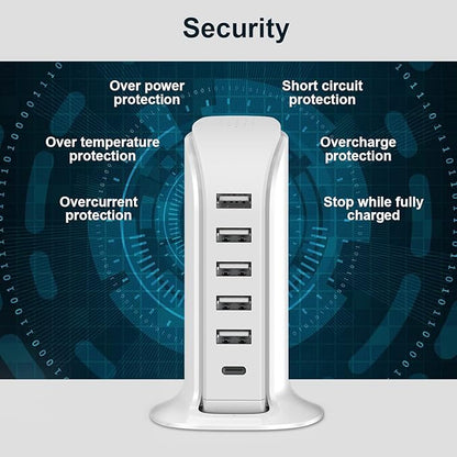 Charging Station for Multiple Devices 40W Upoy, Wall Charger Block 5 USB Ports(Shared 6A), USB Charging Hub Smart IC, Charger Tower with Type-C 3A for iPhone iPad Tablets Smartphones, Home Office Use